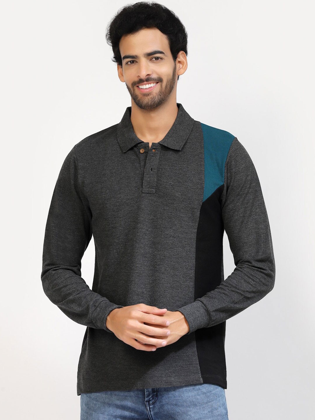 

Kalt Colourblocked Polo Collar T-shirt, Charcoal