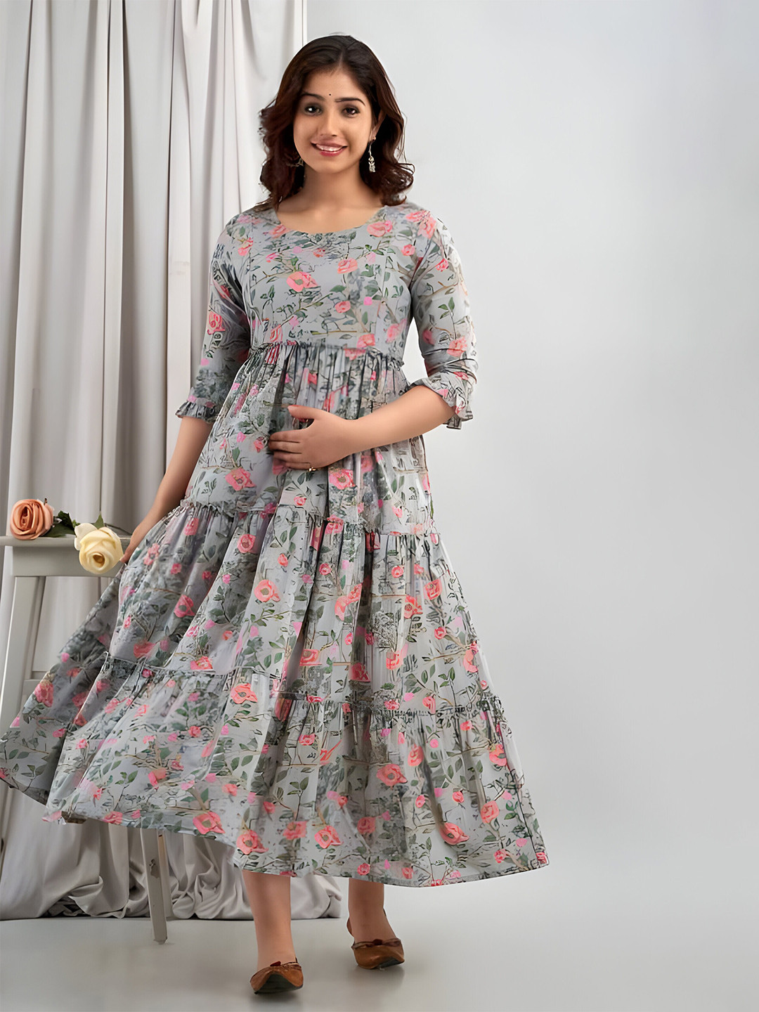 

BAESD Floral Printed Thread Work Round Neck Anarkali Maternity Kurta, Grey