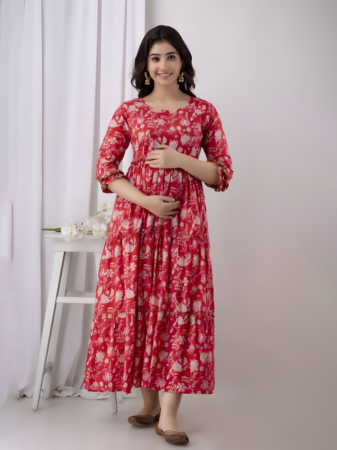 

BAESD Floral Printed Flared Round Neck Sleeves Anarkali Maternity Dress, Red