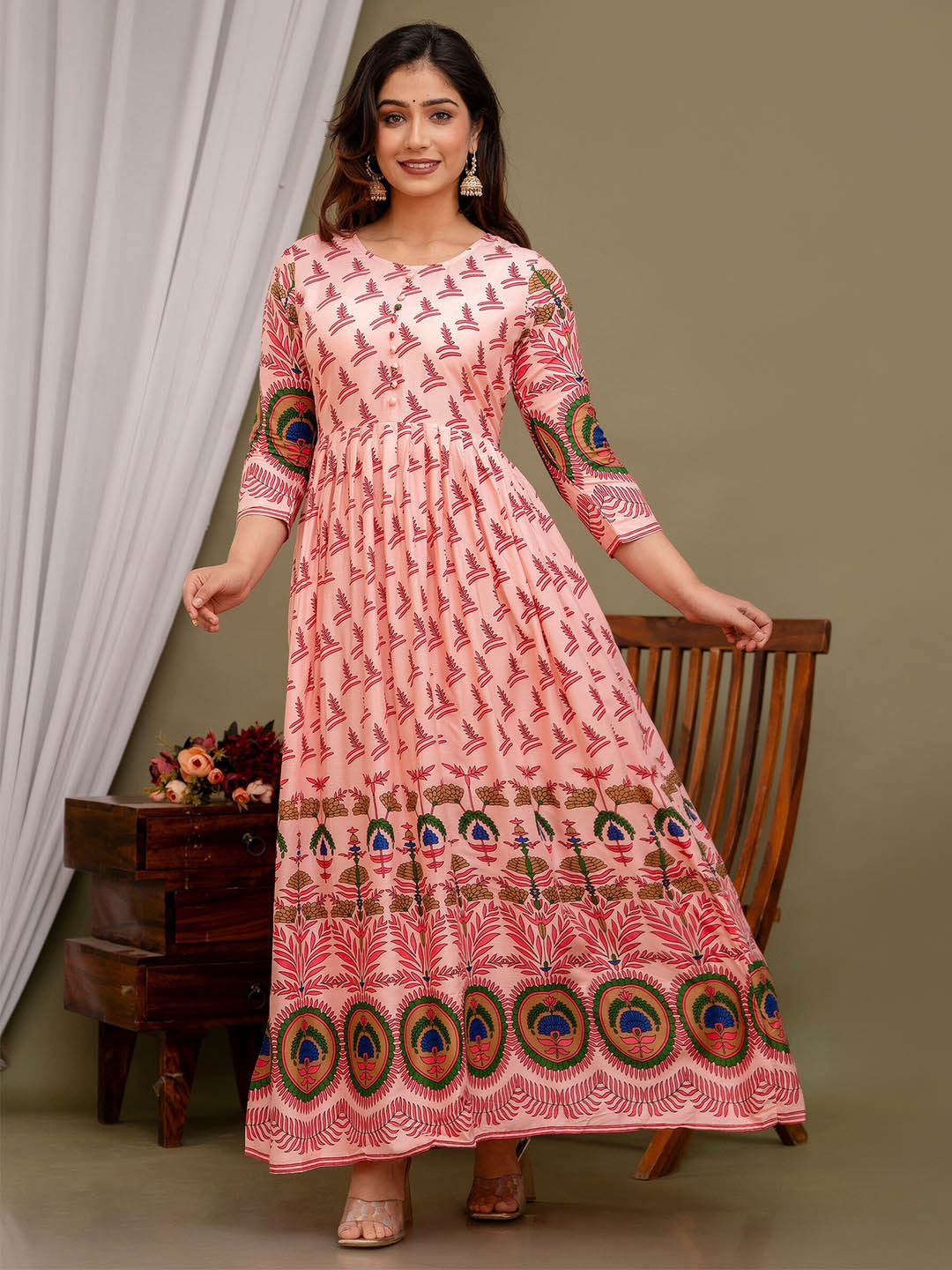 

Mialo fashion Paisley Printed Anarkali long Block Print Kurti, Pink