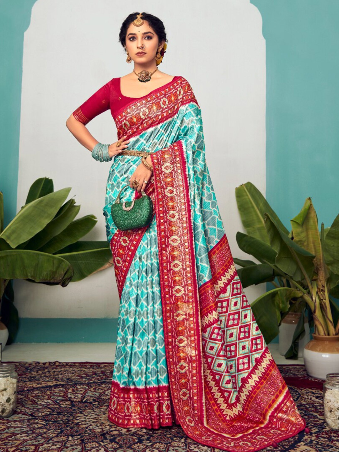 

Mitera Blue & Red Geometric Printed Silk Cotton Saree