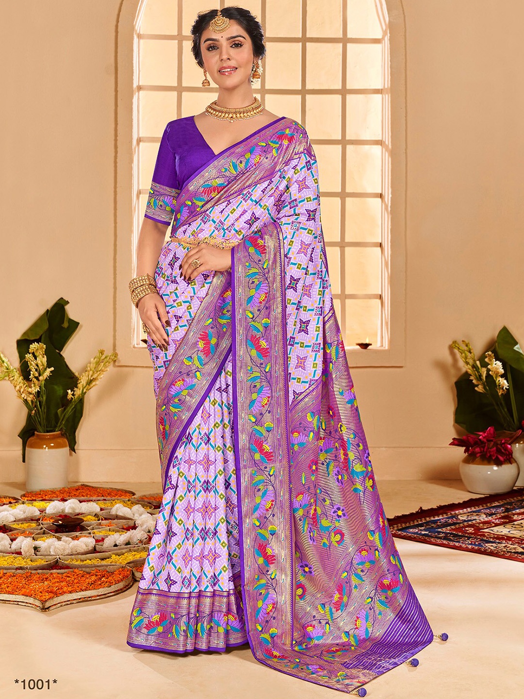 

Mitera Lavender & Blue Ethnic Motifs Zari Silk Cotton Saree