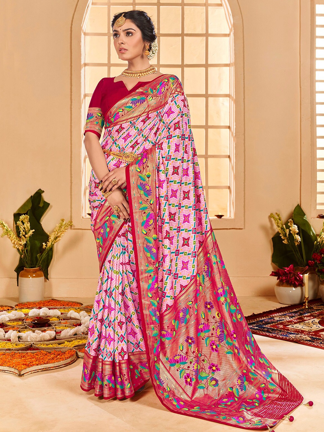 

Mitera Pink & White Ethnic Motifs Woven Design Zari Silk Cotton Saree