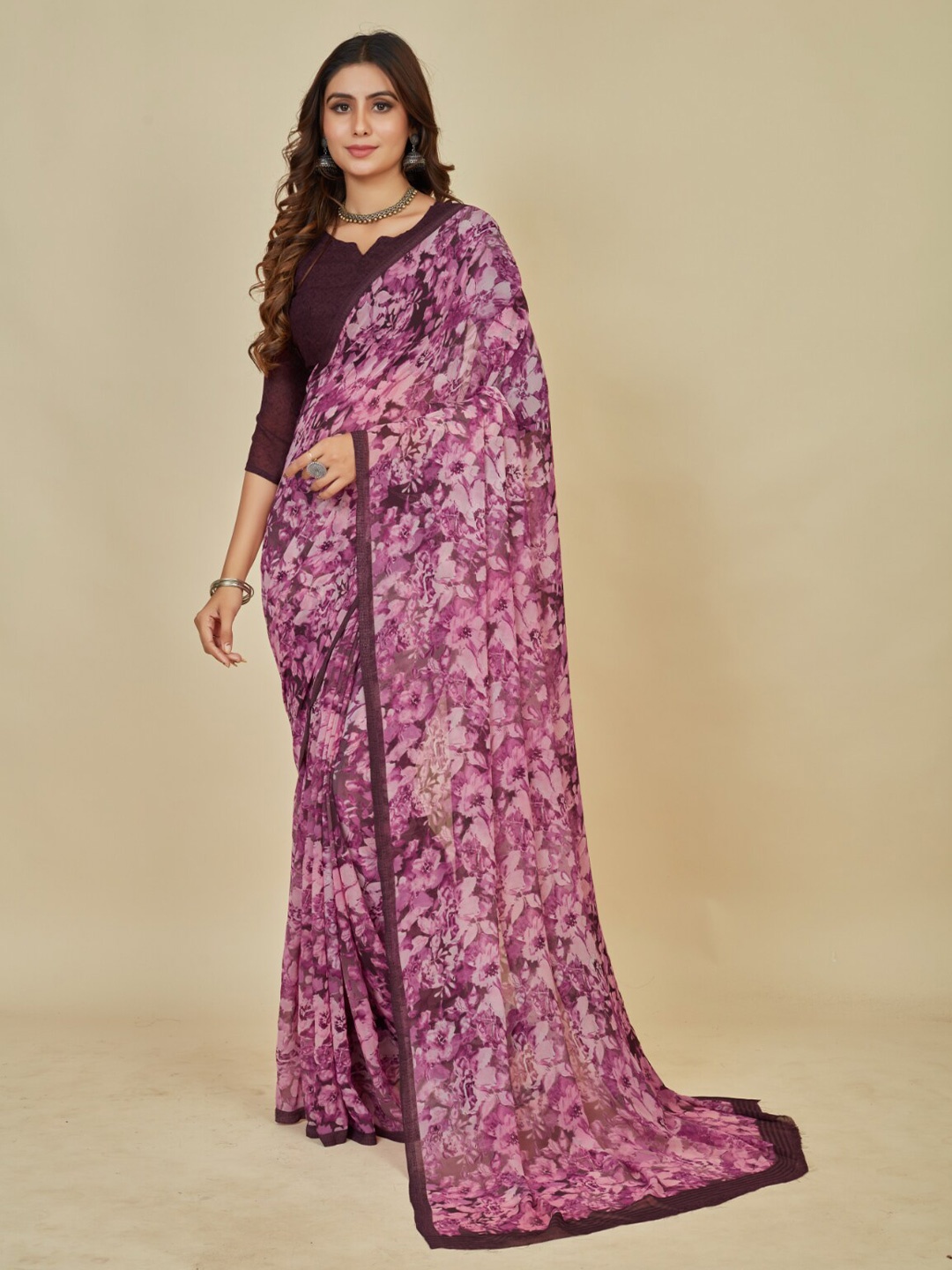 

Mitera Purple Floral Printed Saree