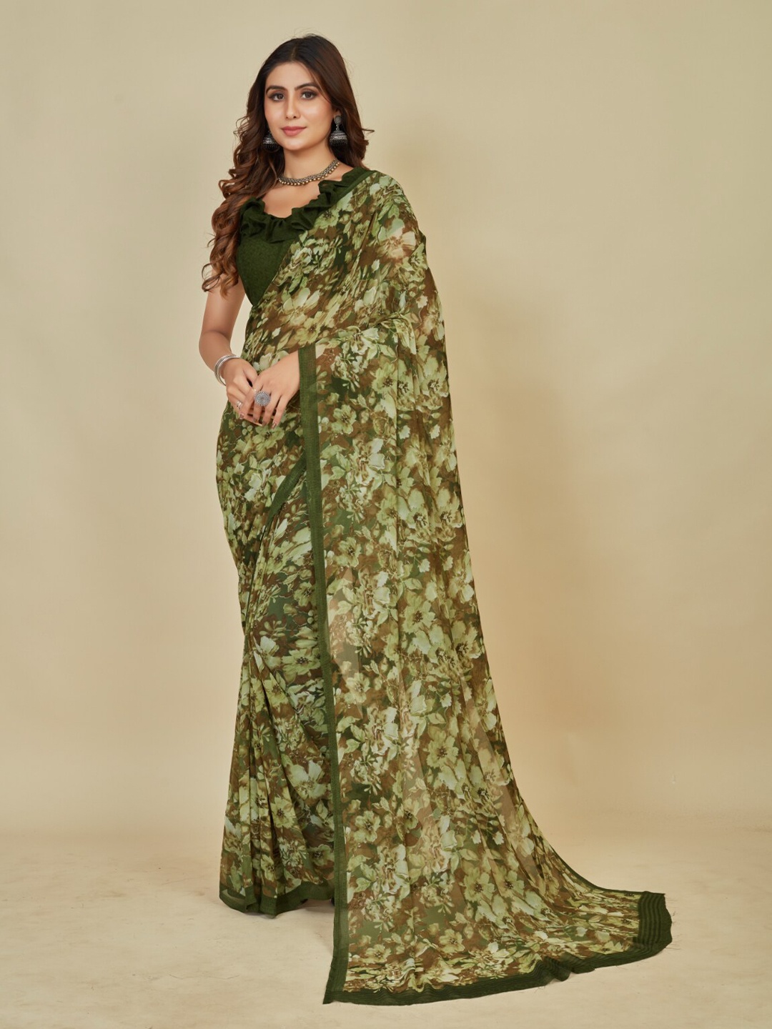 

Mitera Khaki & Green Floral Printed Saree