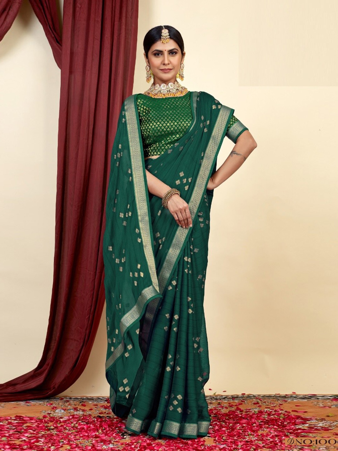 

Mitera Zari Gotta Patti Geometric Printed Saree, Green