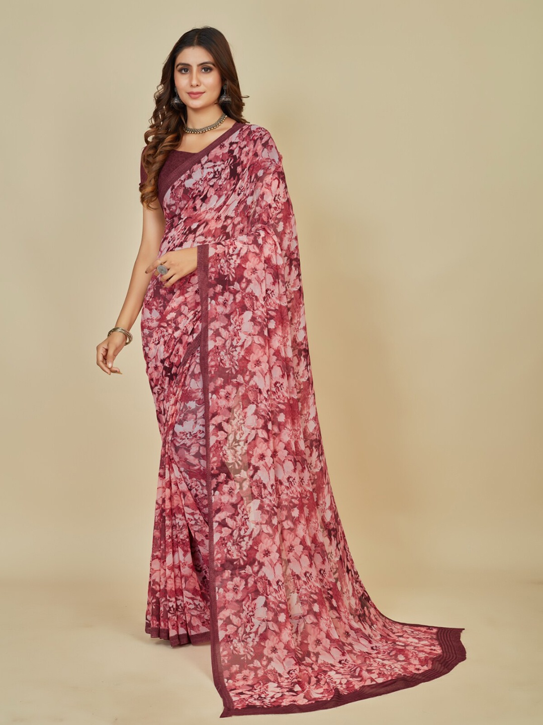 

Mitera Floral Print Saree, Burgundy