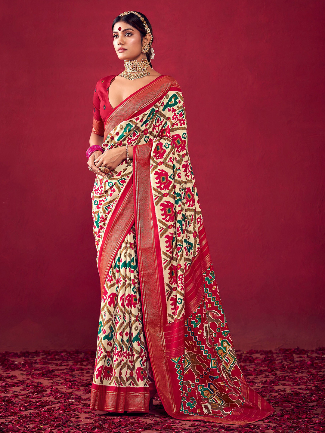 

Mitera Ethnic Print Zari Silk Cotton Saree, Red