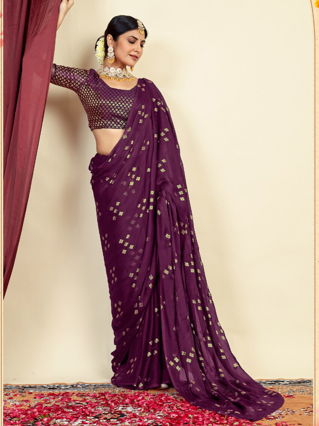 

Mitera Purple & Gold-Toned Geometric Sequinned Embroidered Saree