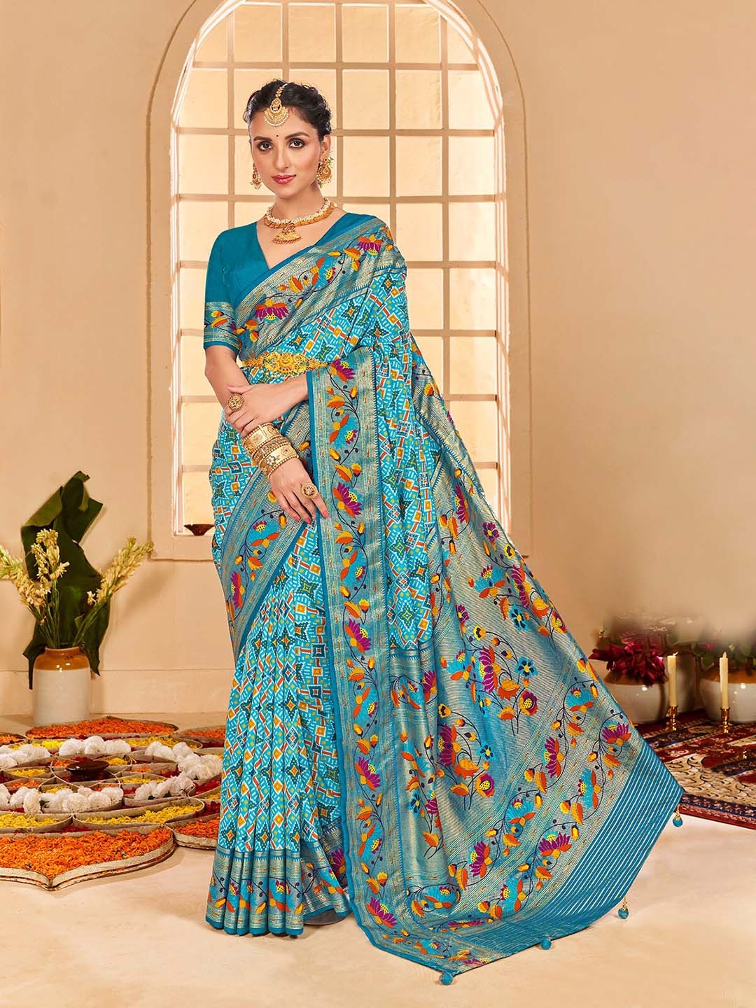 

Mitera Floral Print Zari Silk Cotton Saree, Turquoise blue