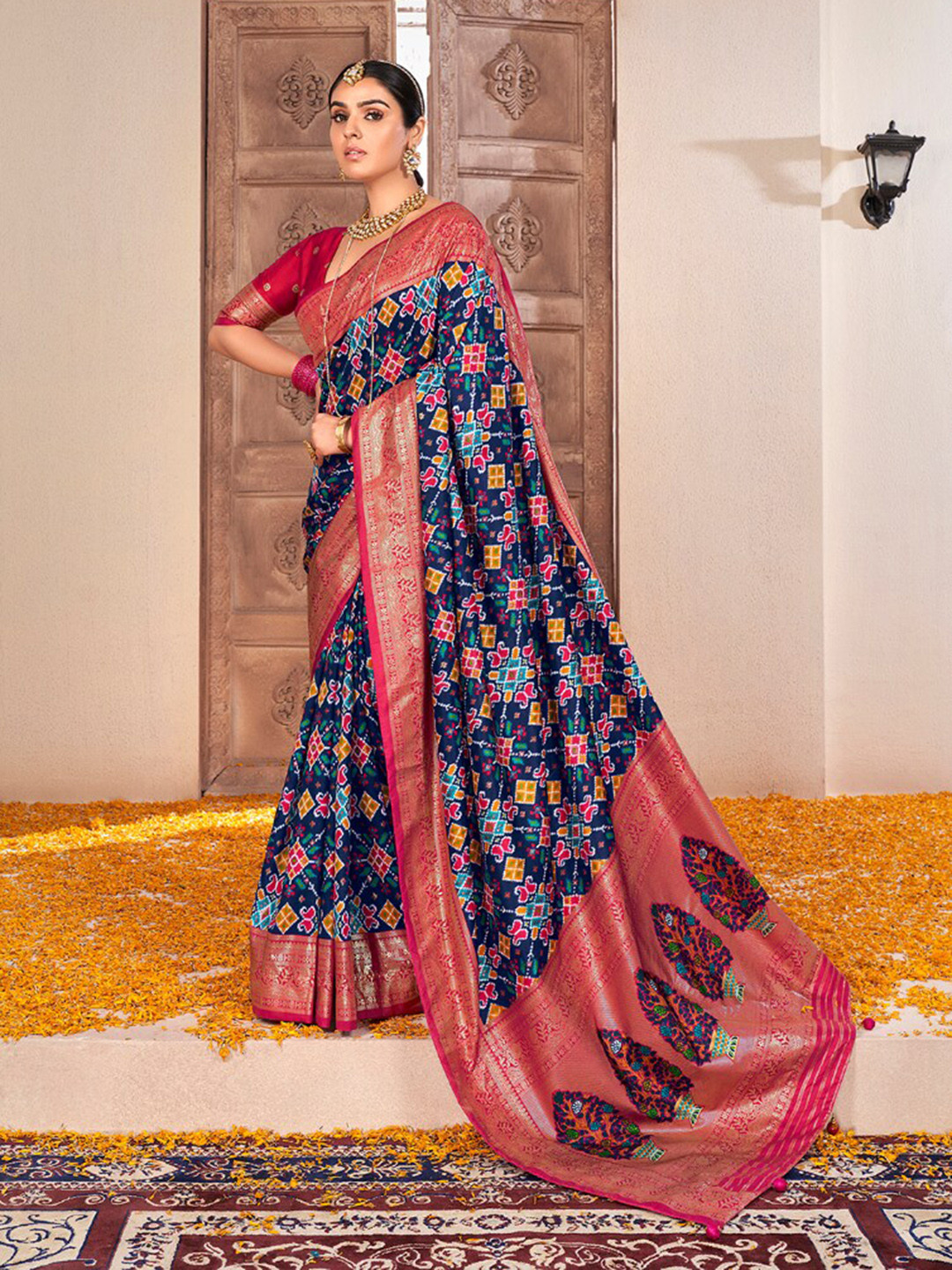 

Mitera Ethnic Print Zari Silk Cotton Saree, Blue