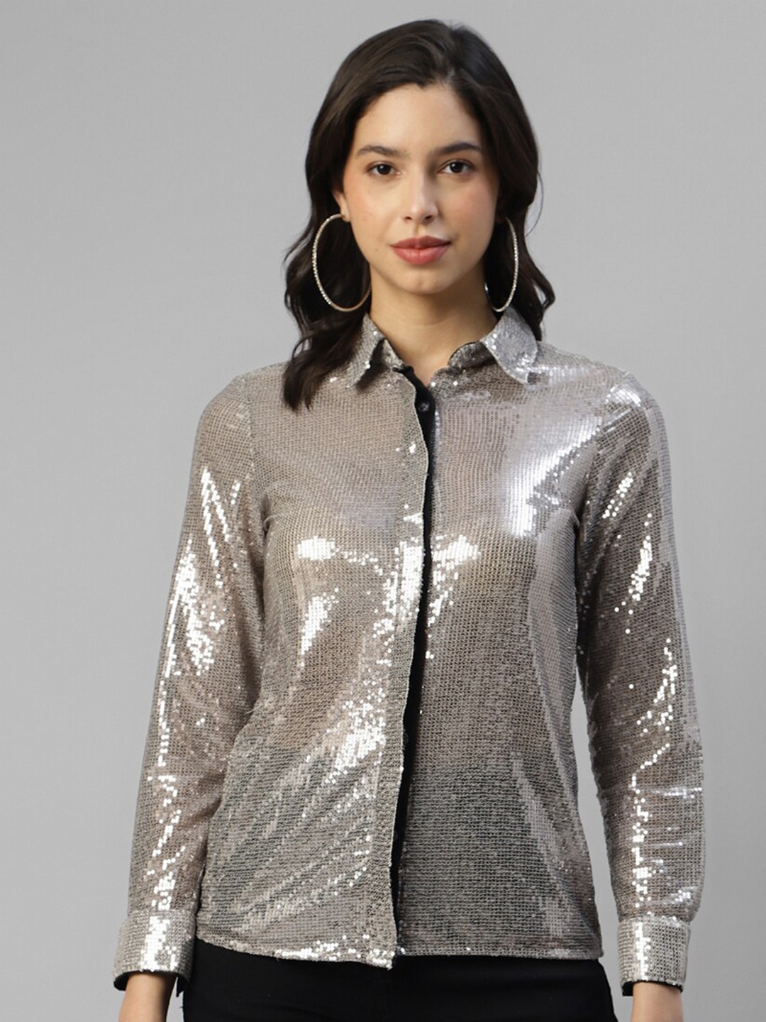 

DEEBACO Faded Embellished Casual Shirt, Silver