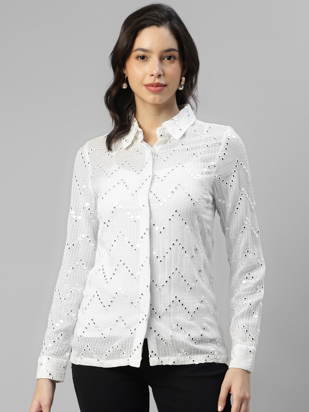 

DEEBACO Sheer Embroidered Georgette Casual Shirt, White