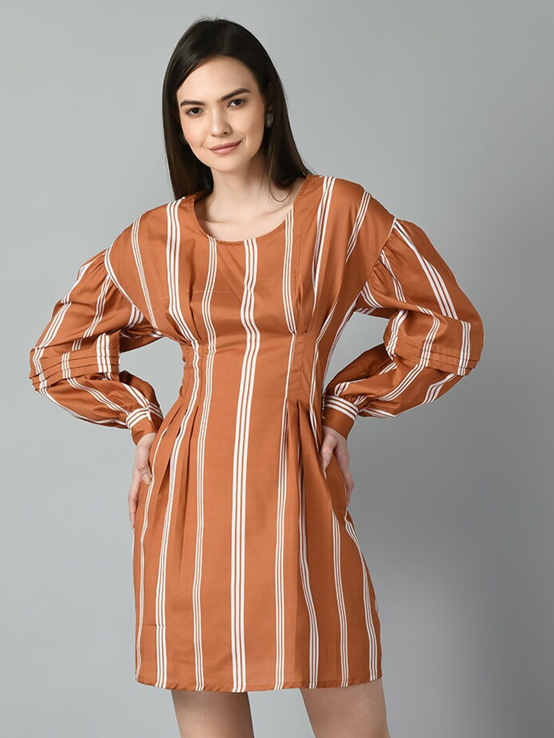 

DOISA Striped Round Neck Puff Sleeve A-Line Flared Dress, Brown