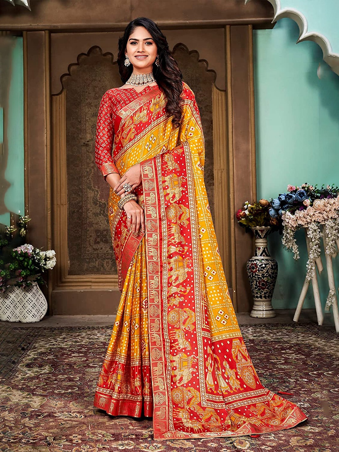 

Marabout Geometric Woven Design Zari Silk Cotton Paithani Saree, Yellow