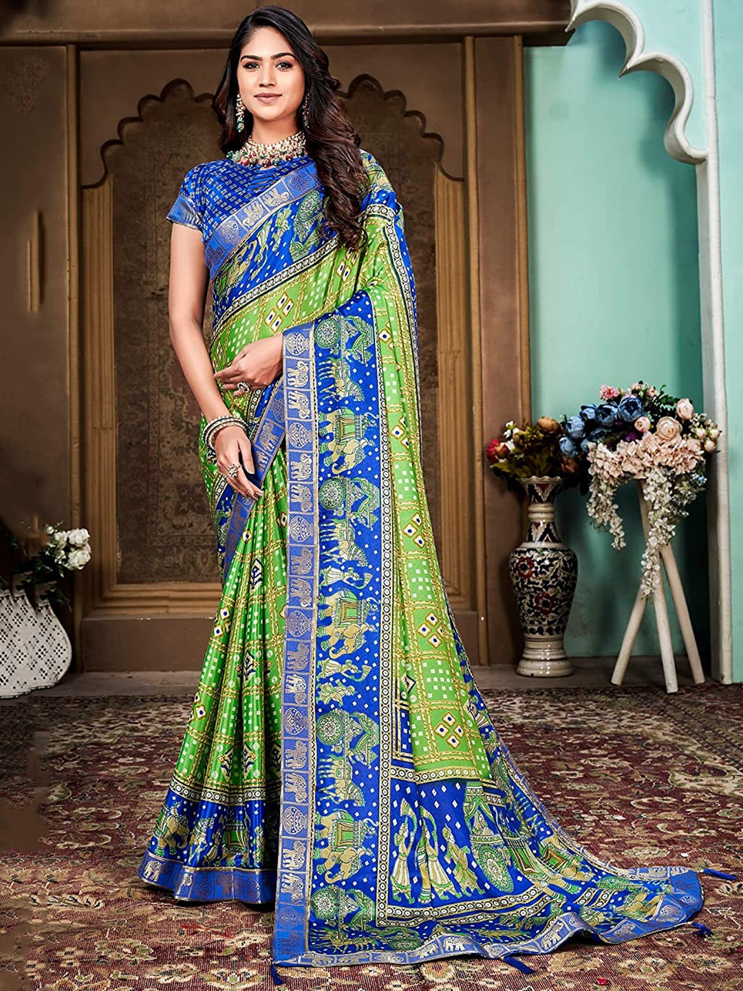 

Marabout Bandhani Printed Zari Silk Cotton Paithani Saree, Green