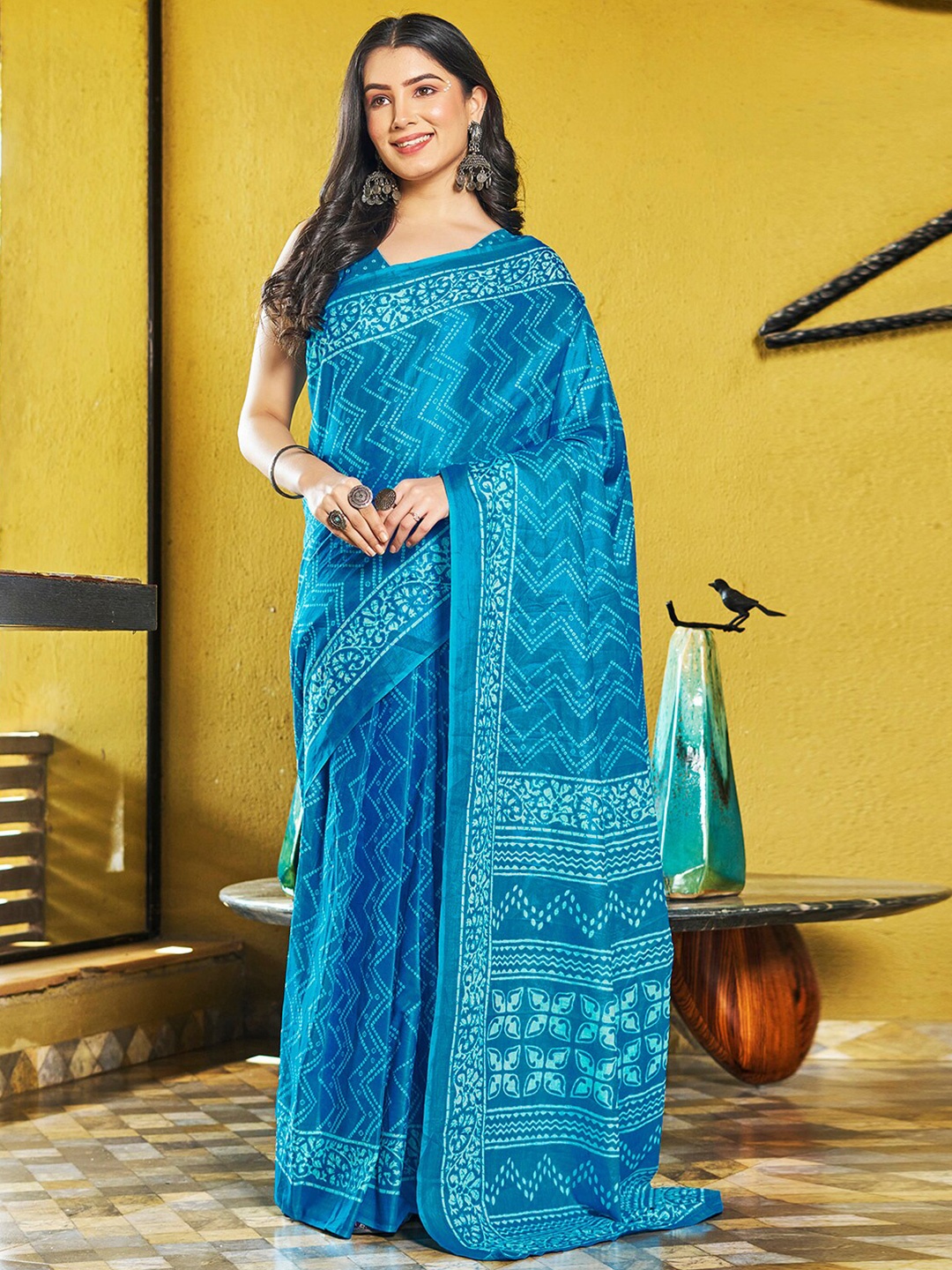 

Mitera Blue Geometric Printed Ready to Wear Ikat Saree