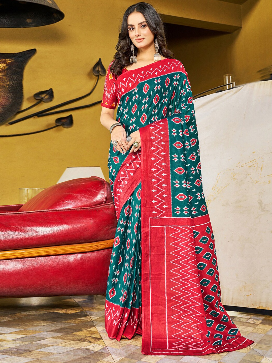 

Mitera Green & Red Ethnic Motifs Printed Ready to wear Ikat Saree