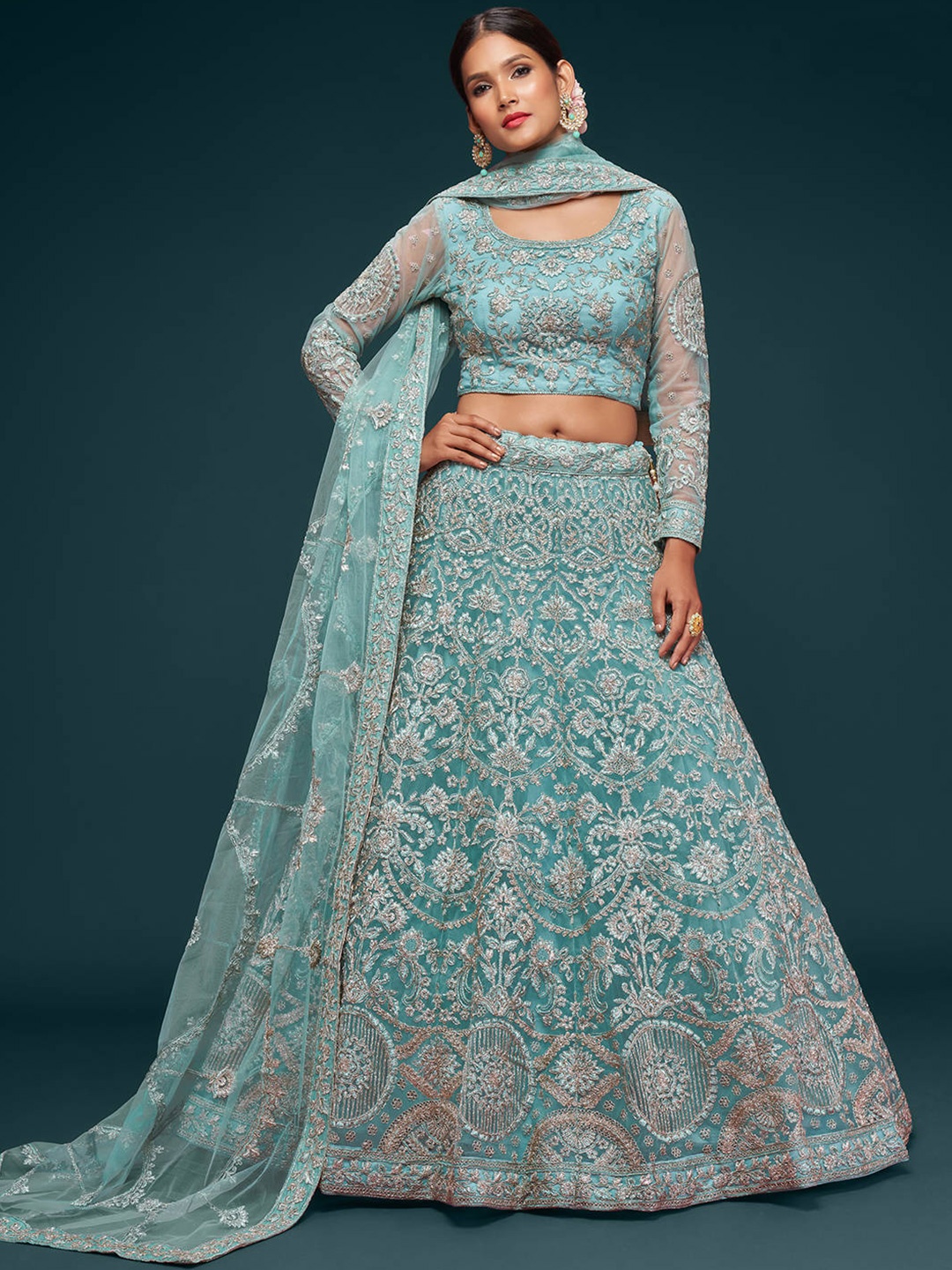 

FABPIXEL Embroidered Semi-Stitched Lehenga & Unstitched Blouse With Dupatta, Turquoise blue