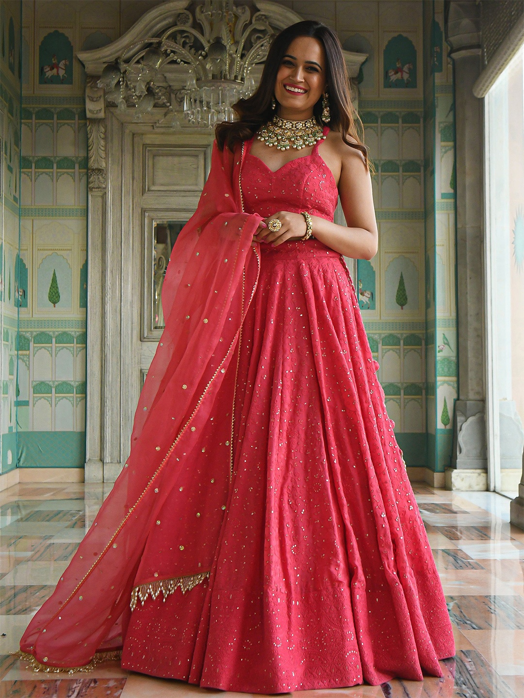 

FABPIXEL Embroidered Sequinned Semi-Stitched Lehenga & Unstitched Blouse With Dupatta, Pink