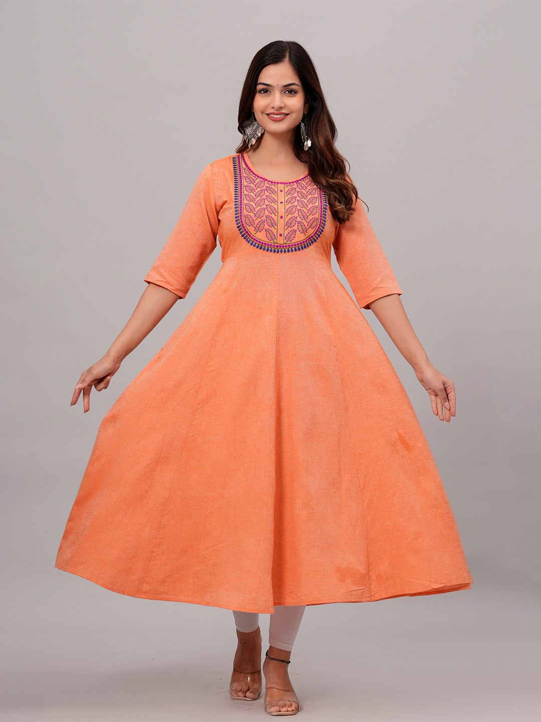 

Sanganeri Kurti Round Neck Floral Embroidered Anarkali Kurta, Orange