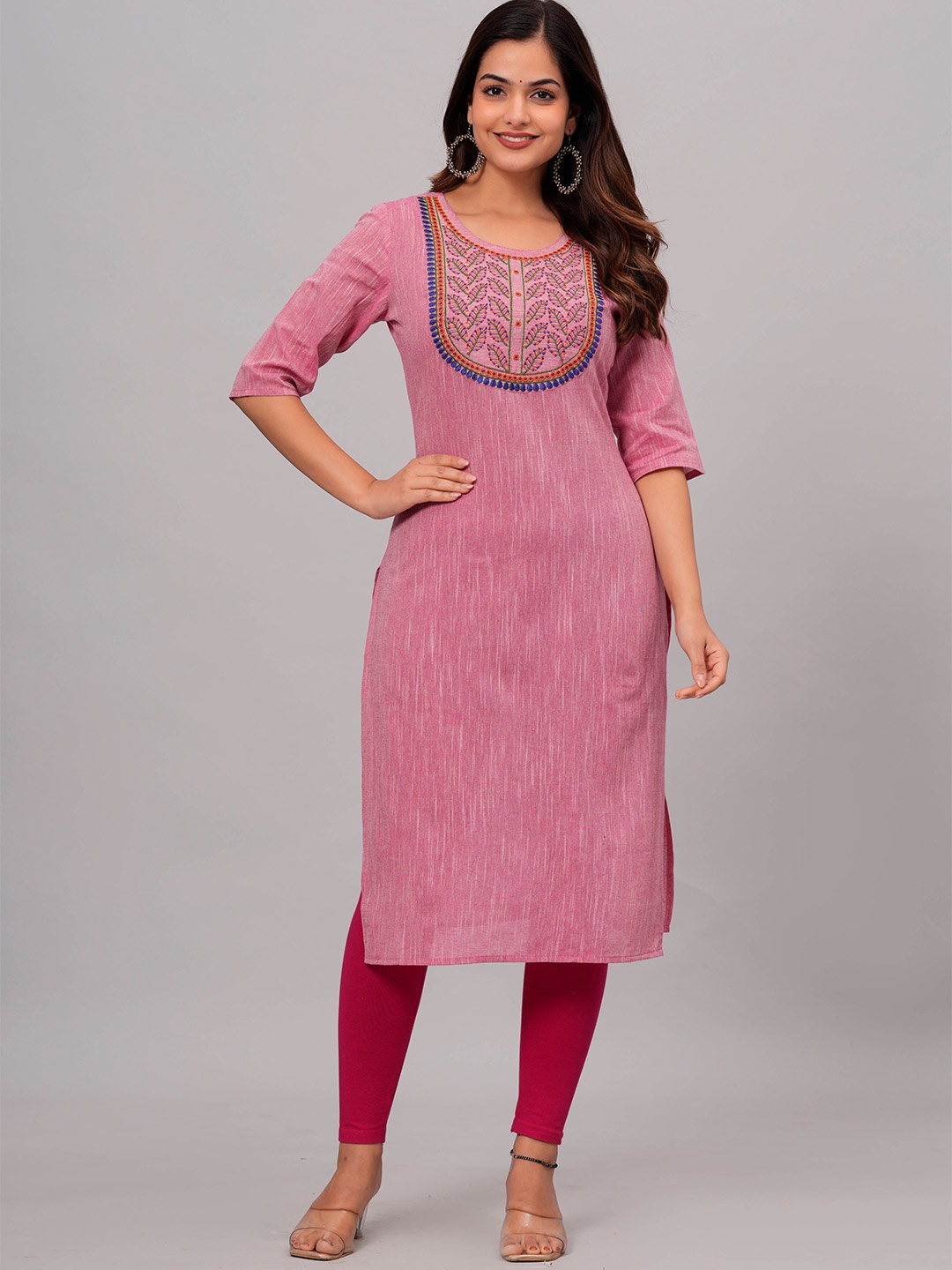 

Sanganeri Kurti Round Neck Yoke Design Thread Work Kurta, Pink