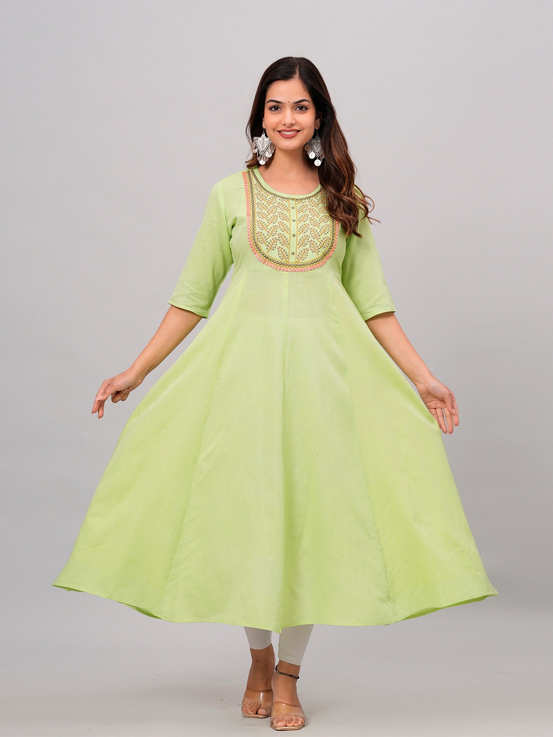 

Sanganeri Kurti Round neck Yoke Design Thread Work Anarkali Kurta, Green