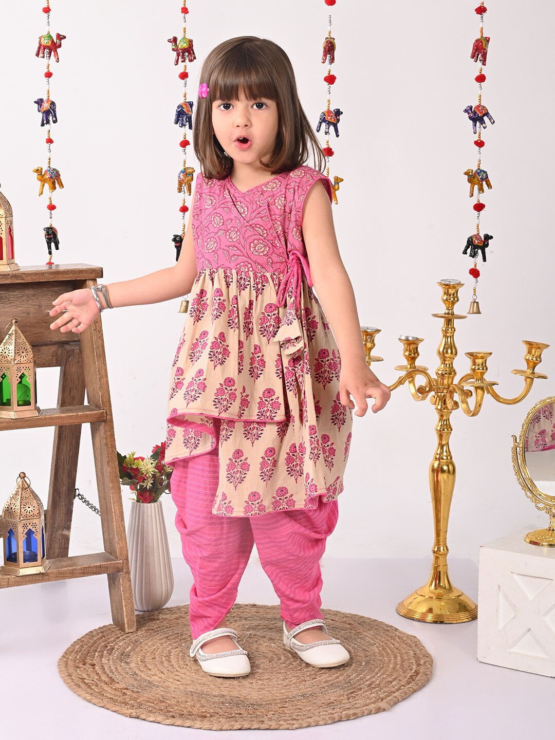 

Here&Now X Kinder Kids Girls Floral Block Printed Pure Cotton A-Line Kurta With Dhoti Pant, Pink