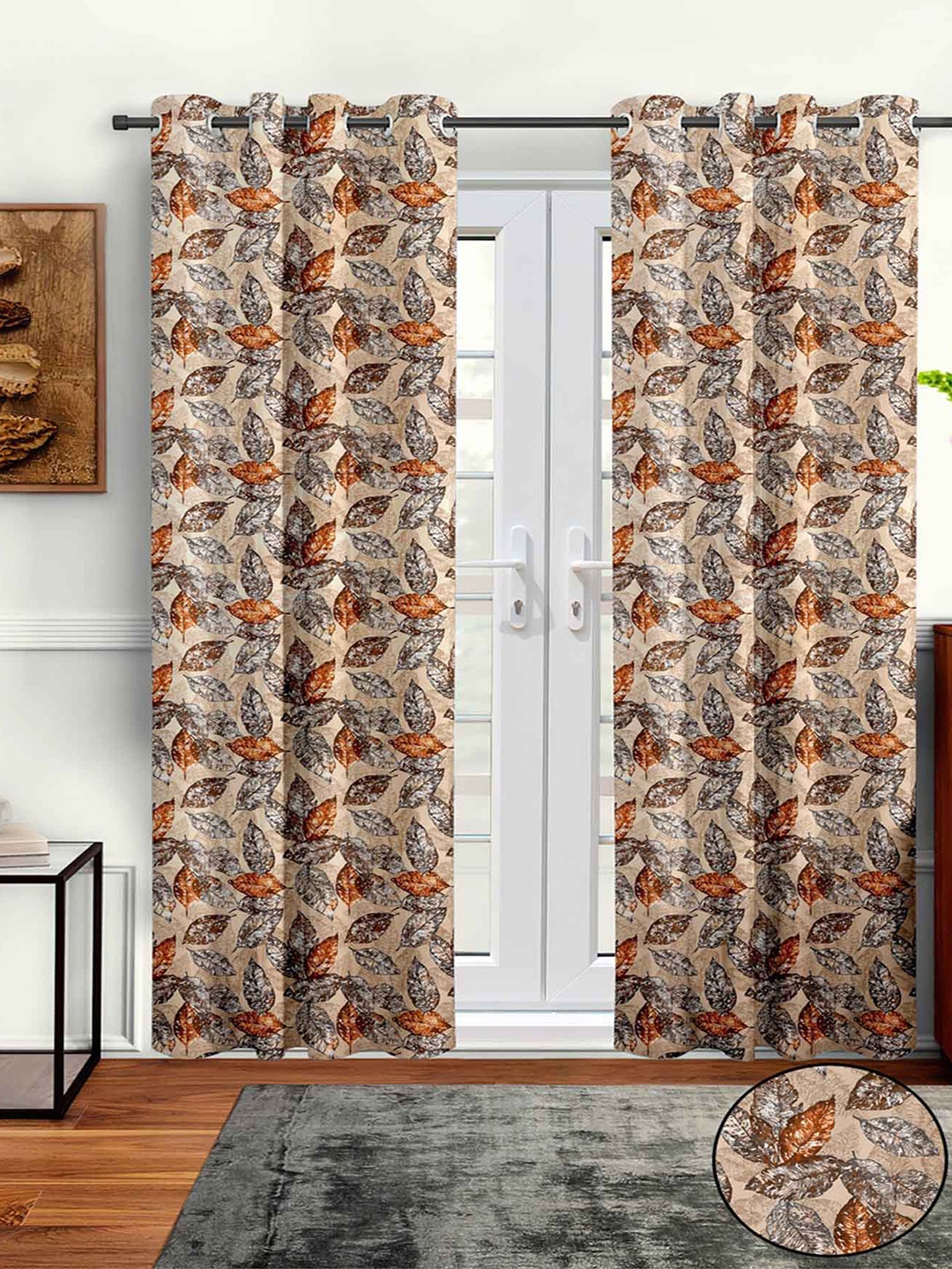 Aura Beige 2 Pcs Floral Printed Door Curtain
