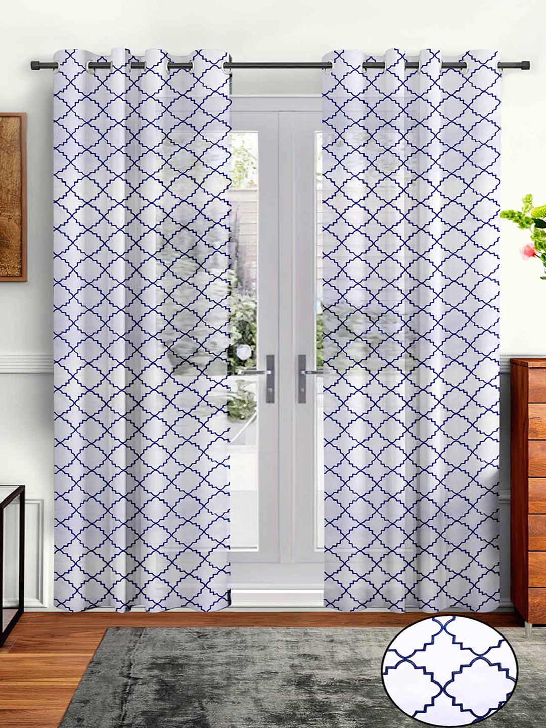 

Aura White & Blue 2 Pcs Embroidered Sheer Long Door Curtain