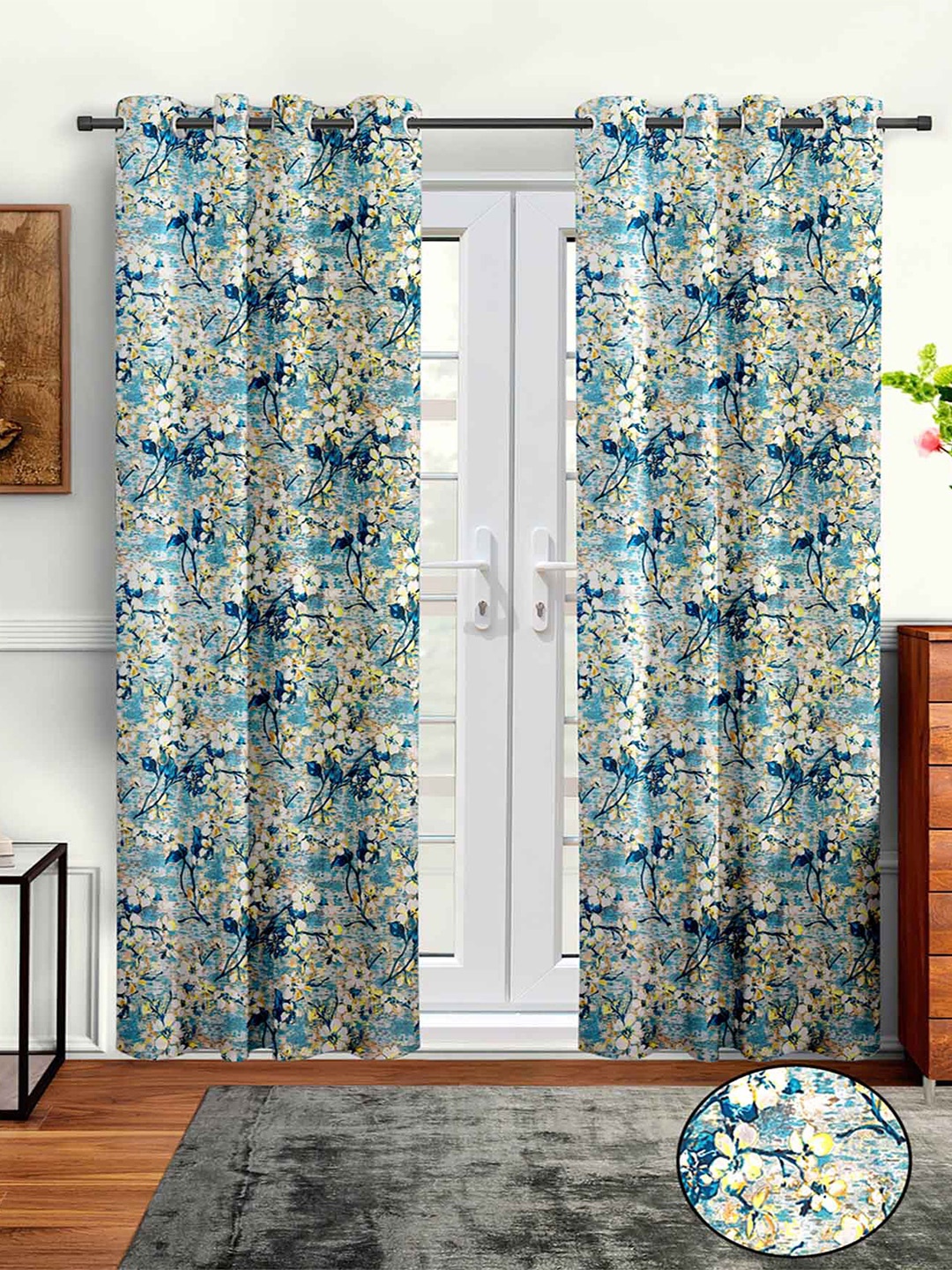 

Aura Blue & White 2 Pcs Floral Printed Door Curtain