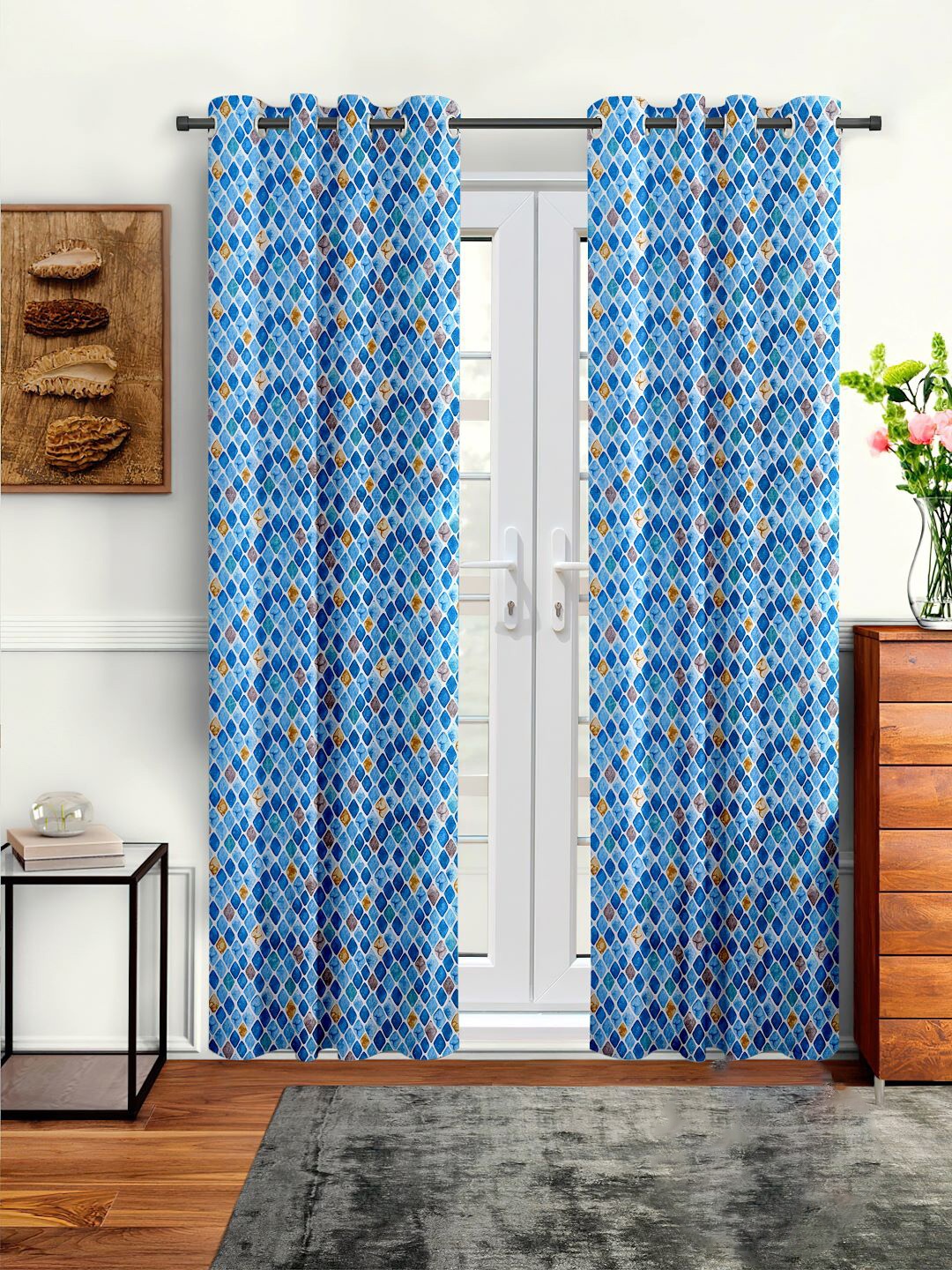 

Aura Blue & White 2 Pieces Geometric Printed Long Door Curtain