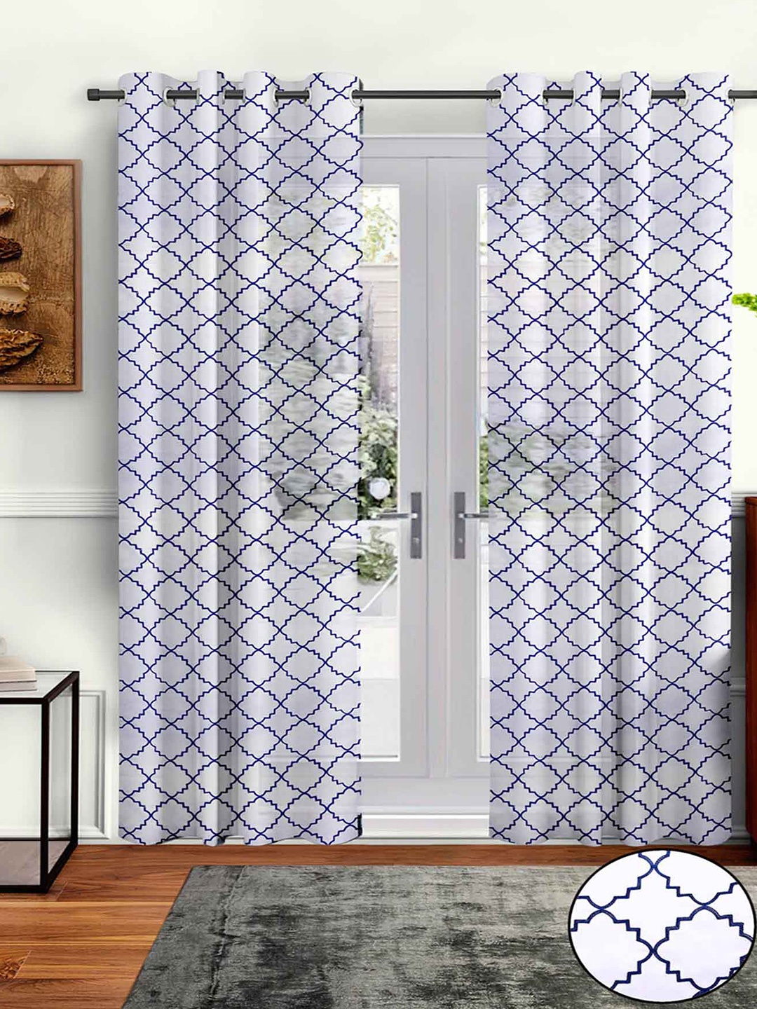 

Aura White & Blue 2 Pcs Embroidered Sheer Door Curtain