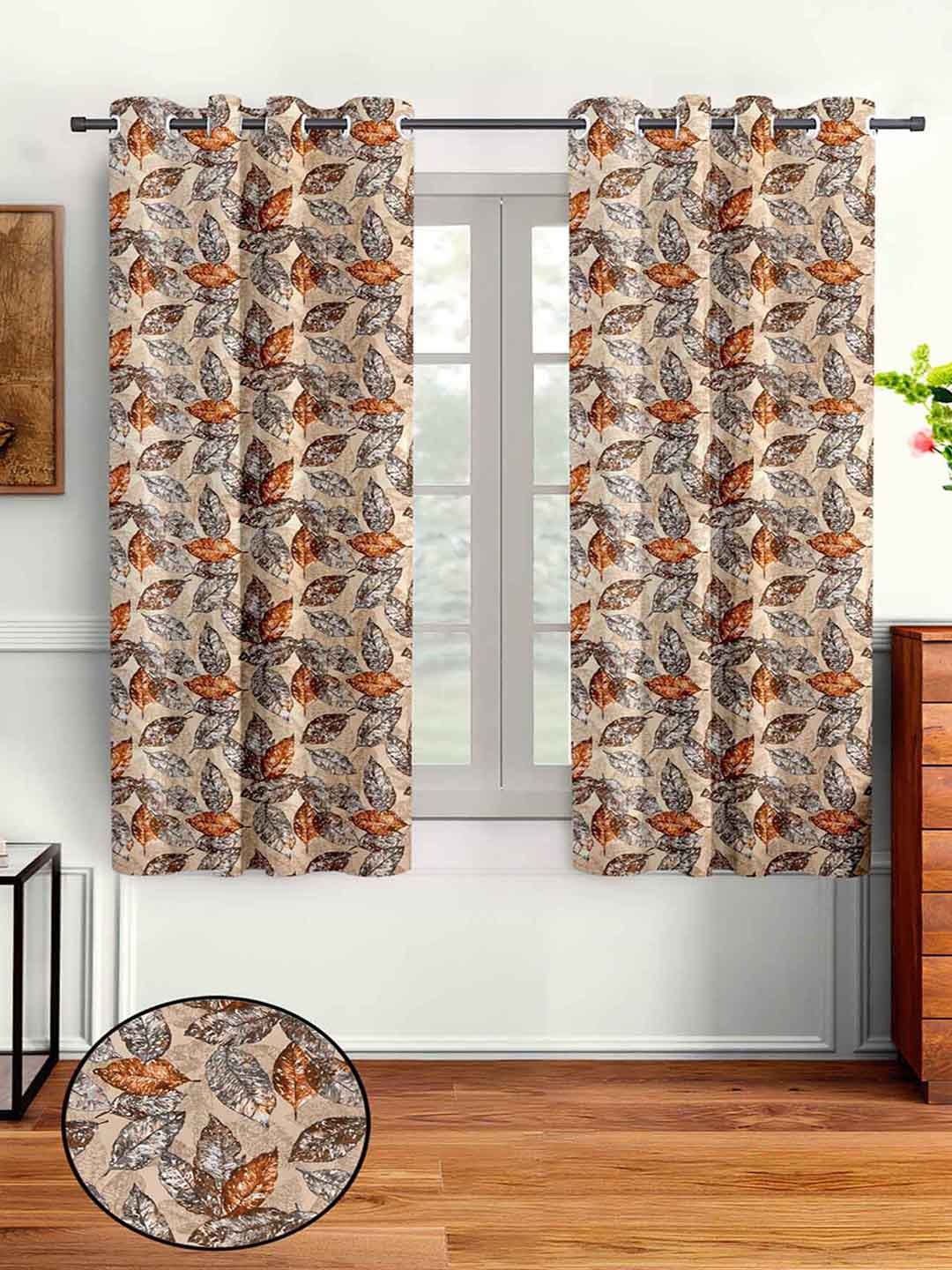 

Aura Beige & Brown 2 Pieces Leaf Printed Window Curtain