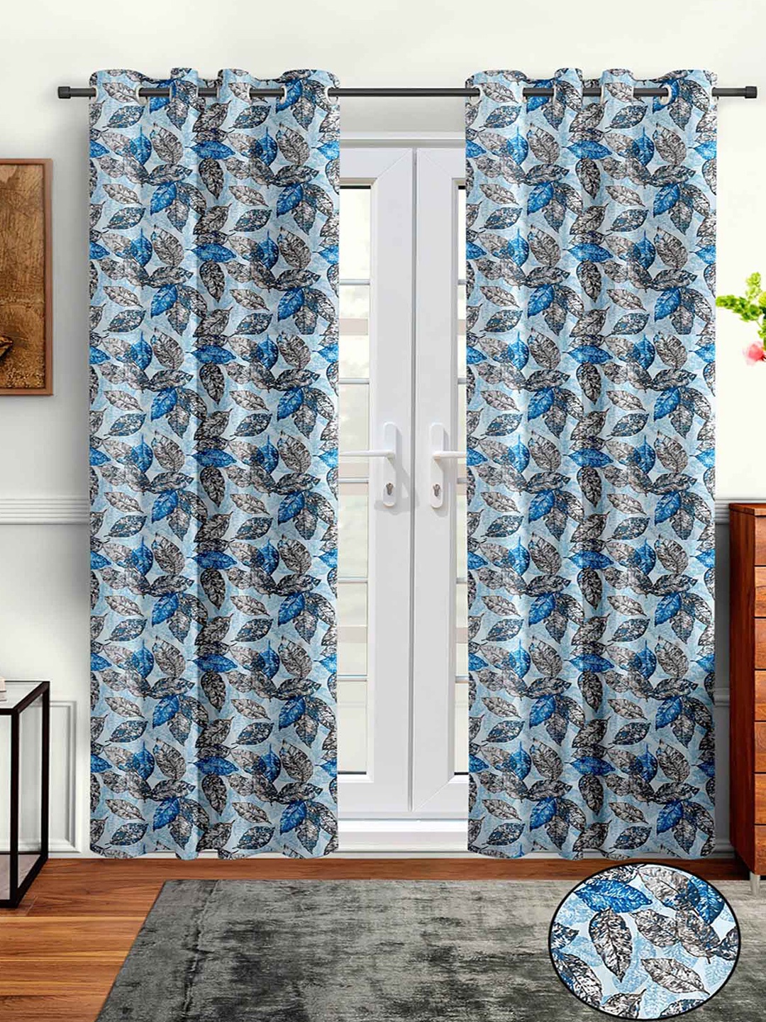 

Aura Blue 2 Pieces Leaf Printed Door Curtain