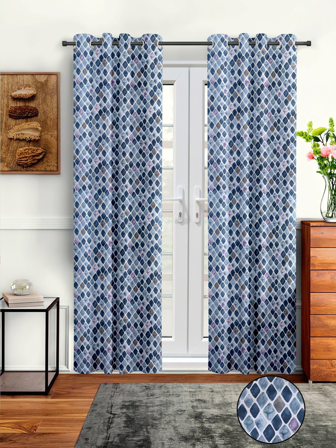 

Aura Navy Blue & White2 Pieces Geometric Long Door Curtain