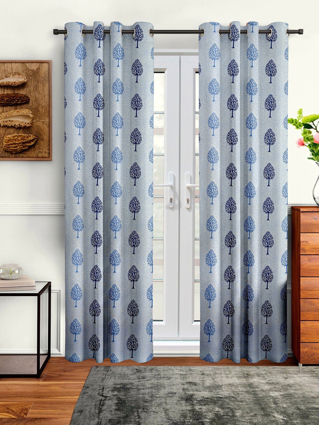 

Aura Blue 2 Pieces Floral Printed Window Curtains