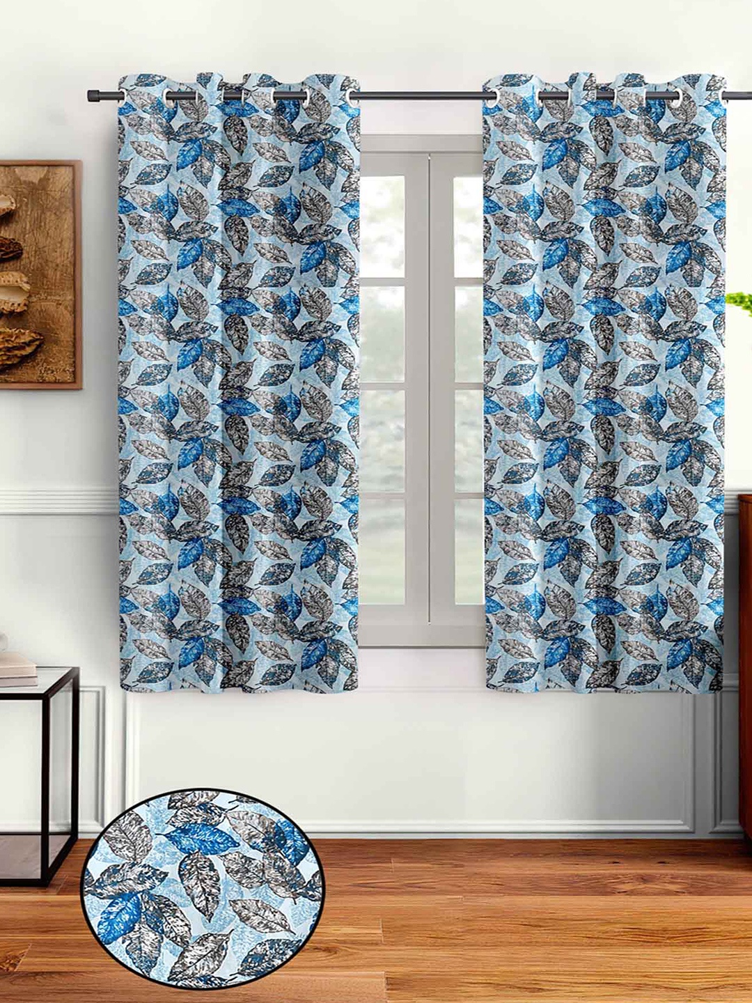 

Aura Blue & Grey 2 Pieces Leaf Printed Window Curtain