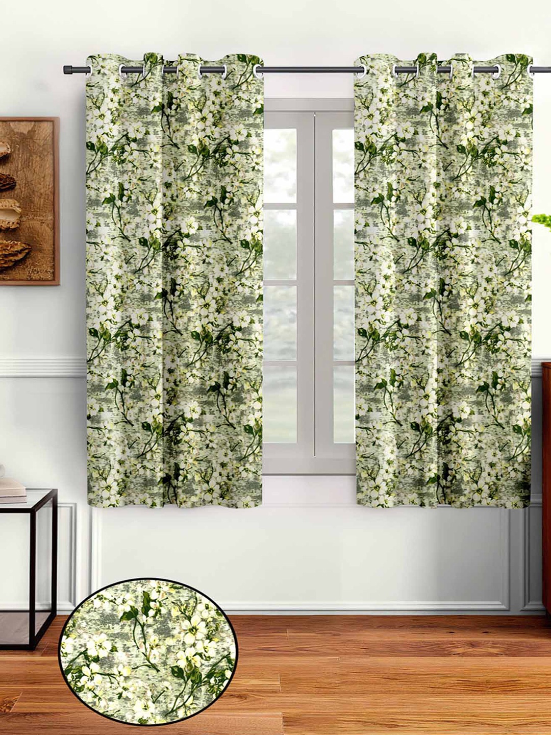 

Aura Green & White 2 Pieces Floral Window Curtain