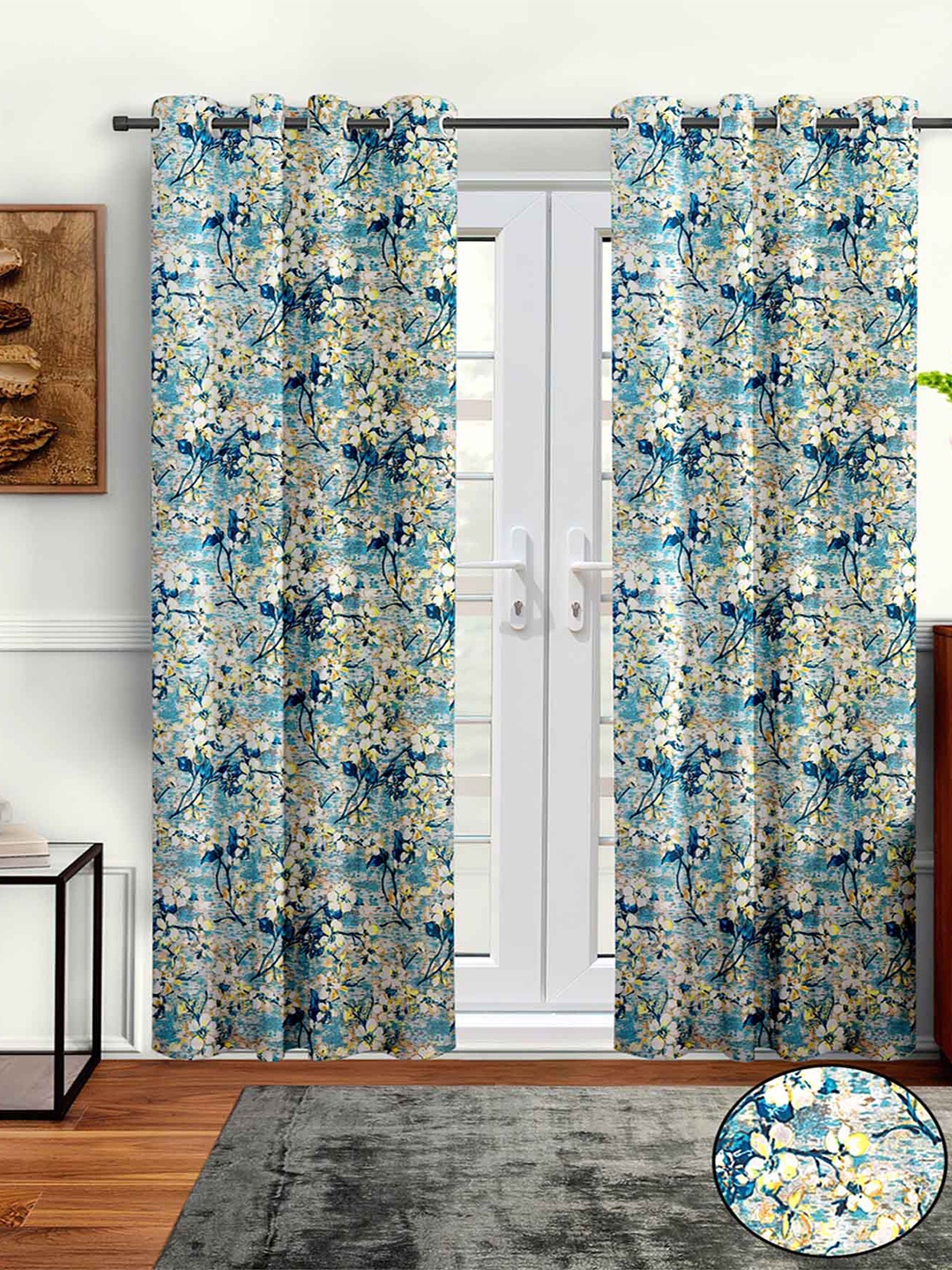 

Aura Blue & White 2 Pieces Floral Long Door Curtain