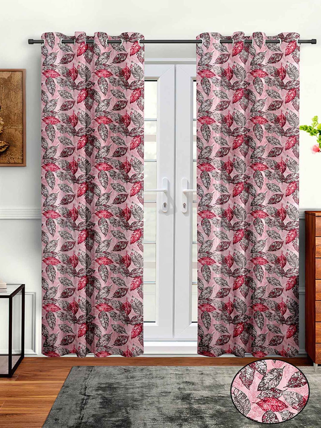 

Aura Pink & Grey 2 Pieces Leaf Printed Door Curtain