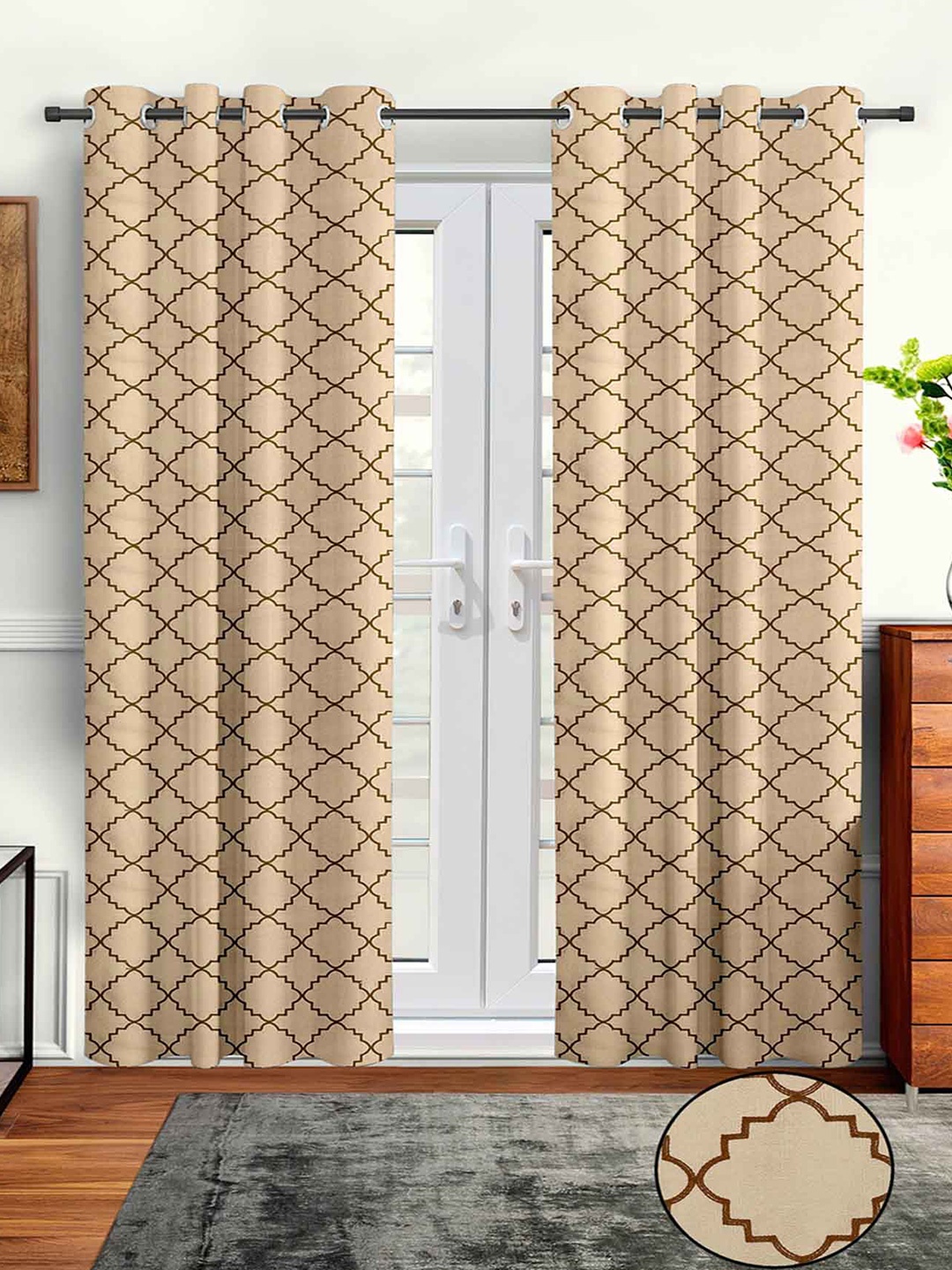 

Aura Beige & Brown 2Pcs Embroidered Long Door Curtain