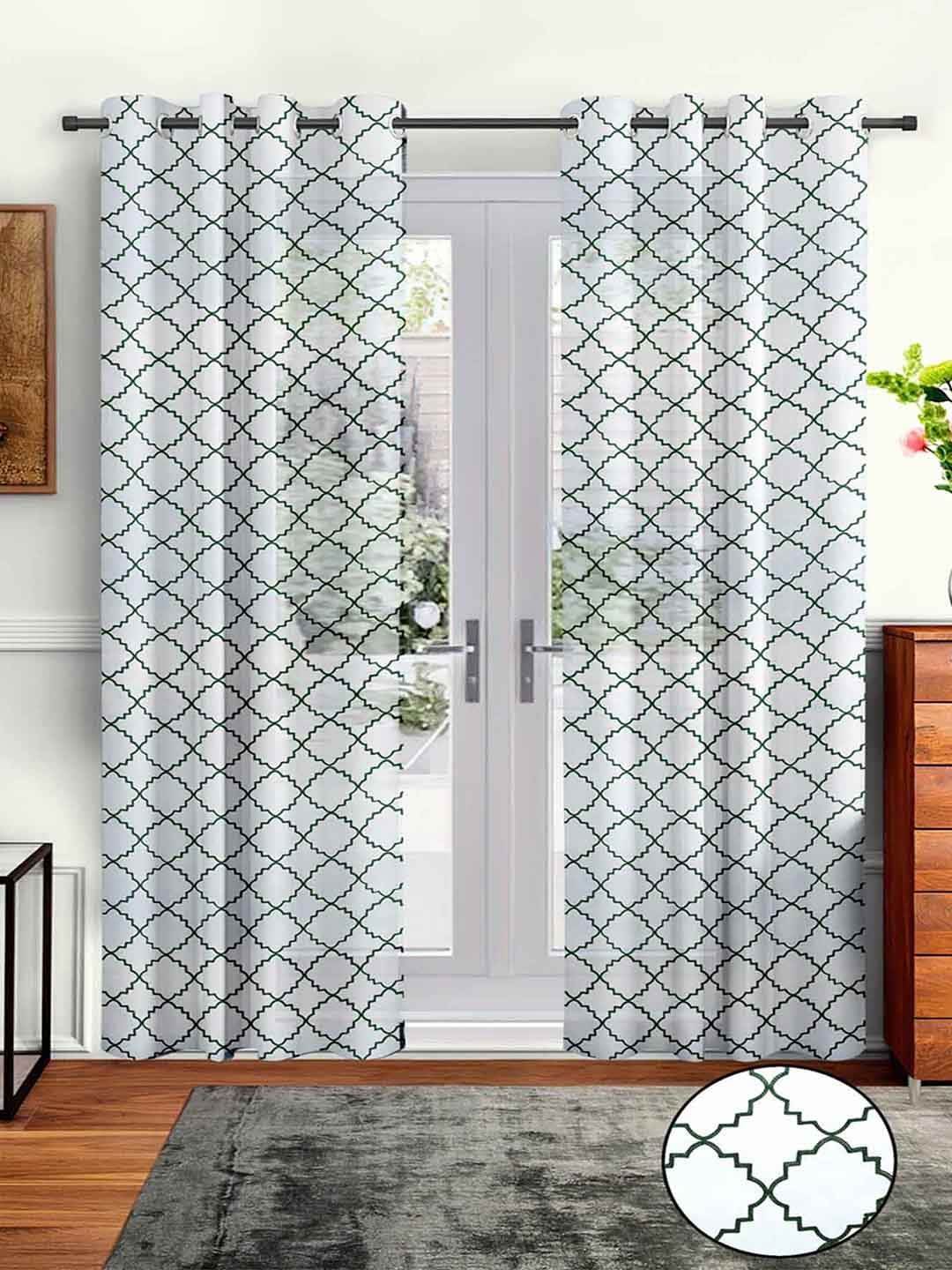 

Aura White & Green 2Pcs Geometric Sheer Door Curtain