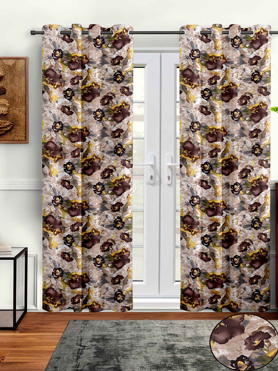 

Aura Brown & Yellow 2Pcs Floral Long Door Curtain