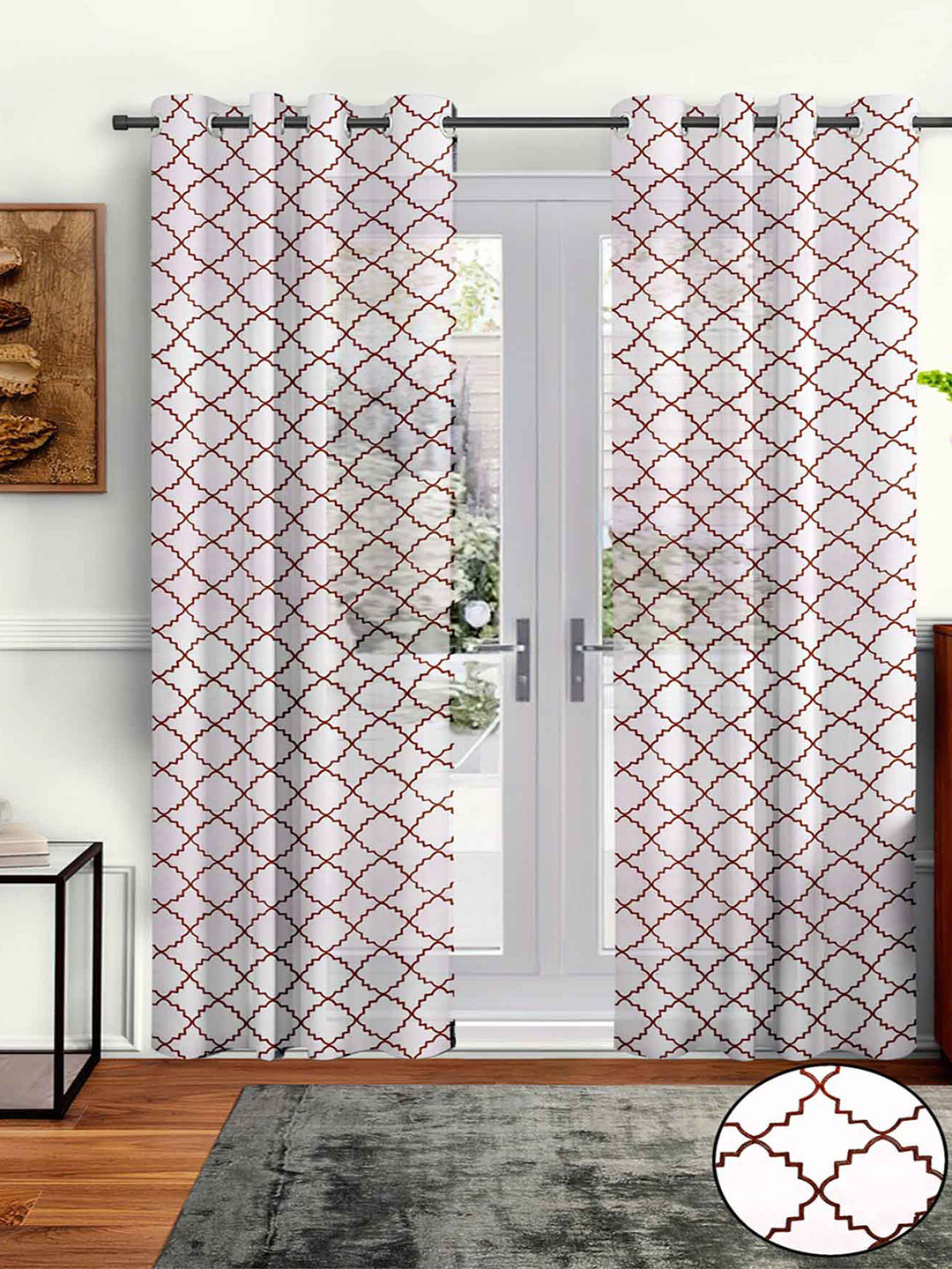 

Aura White & Brown 2Pcs Geometric Sheer Door Curtain