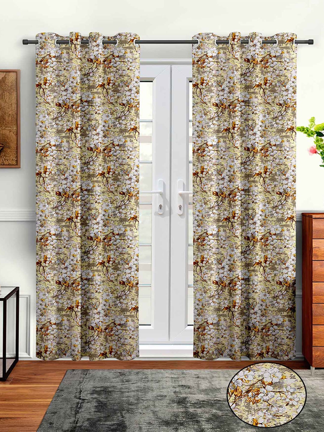 

Aura Beige & White 2Pcs Floral Regular Long Door Curtain