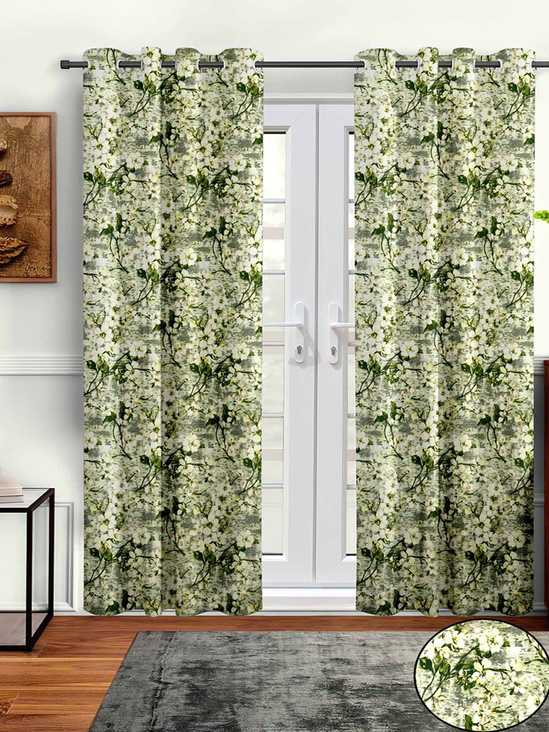 

Aura Green & White 2Pcs Floral Door Curtain