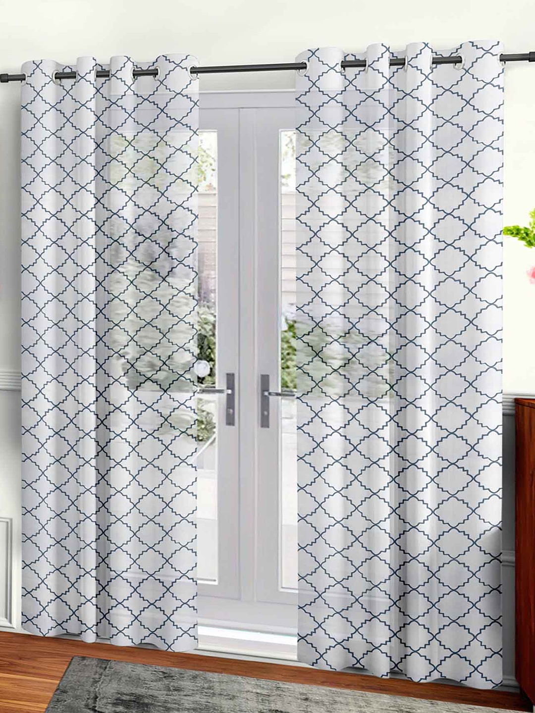 

Aura White & Blue 2Pcs Geometric Sheer Long Door Curtain