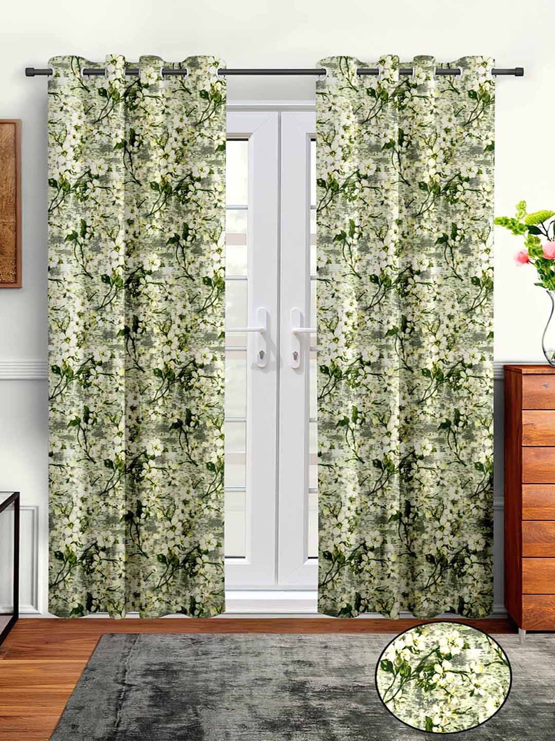 

Aura Green & White 2Pcs Floral Regular Long Door Curtain