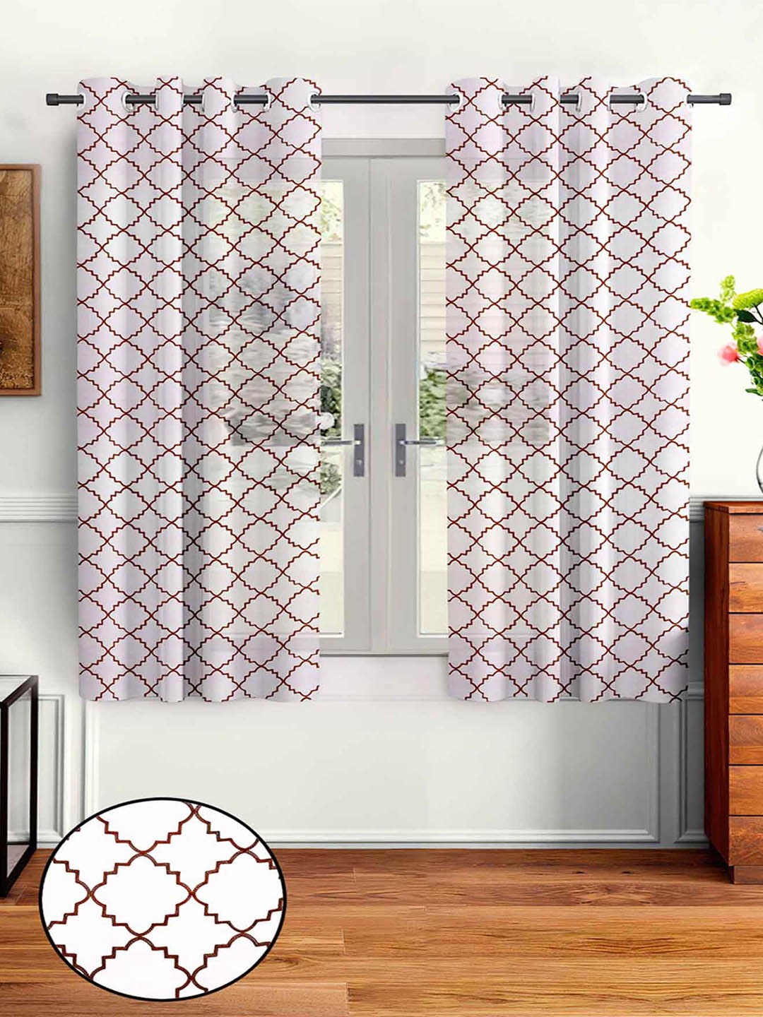 

Aura White & Brown 2Pcs Geometric Sheer Window Curtain